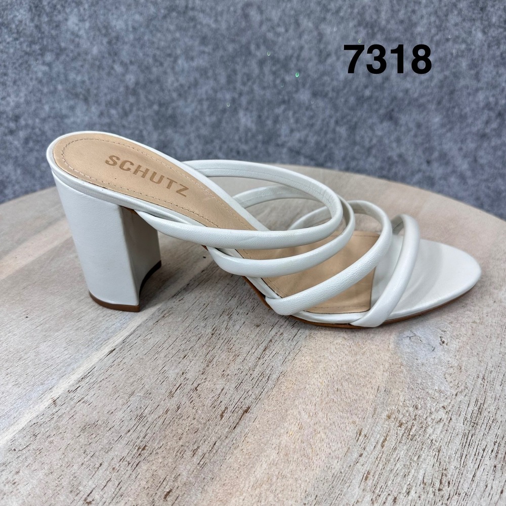 Schutz Felisa Pearl White Leather Multi Strap Block Heel Sandals 8.5 Made Brazil